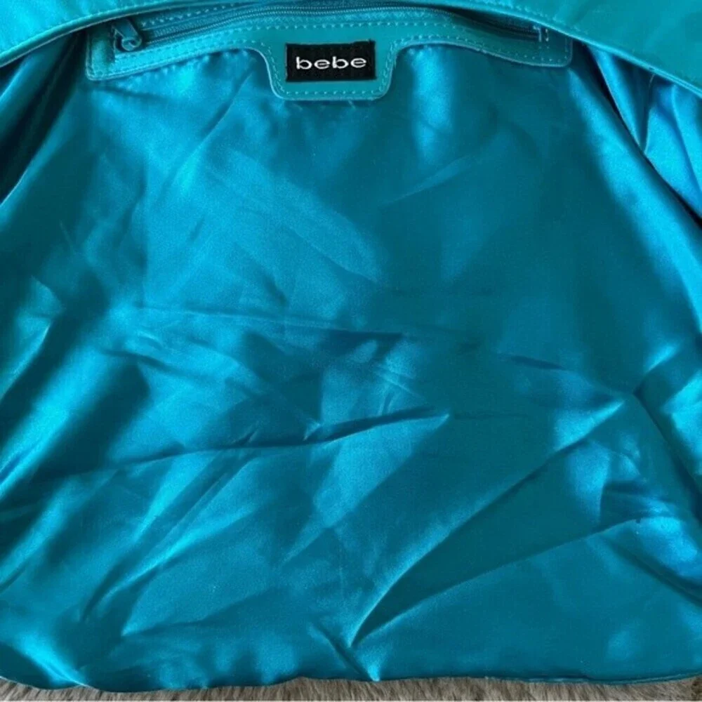 Vintage Bebe Y2K Turquoise Satin Logo Hobo Bag Teal Gold Chain